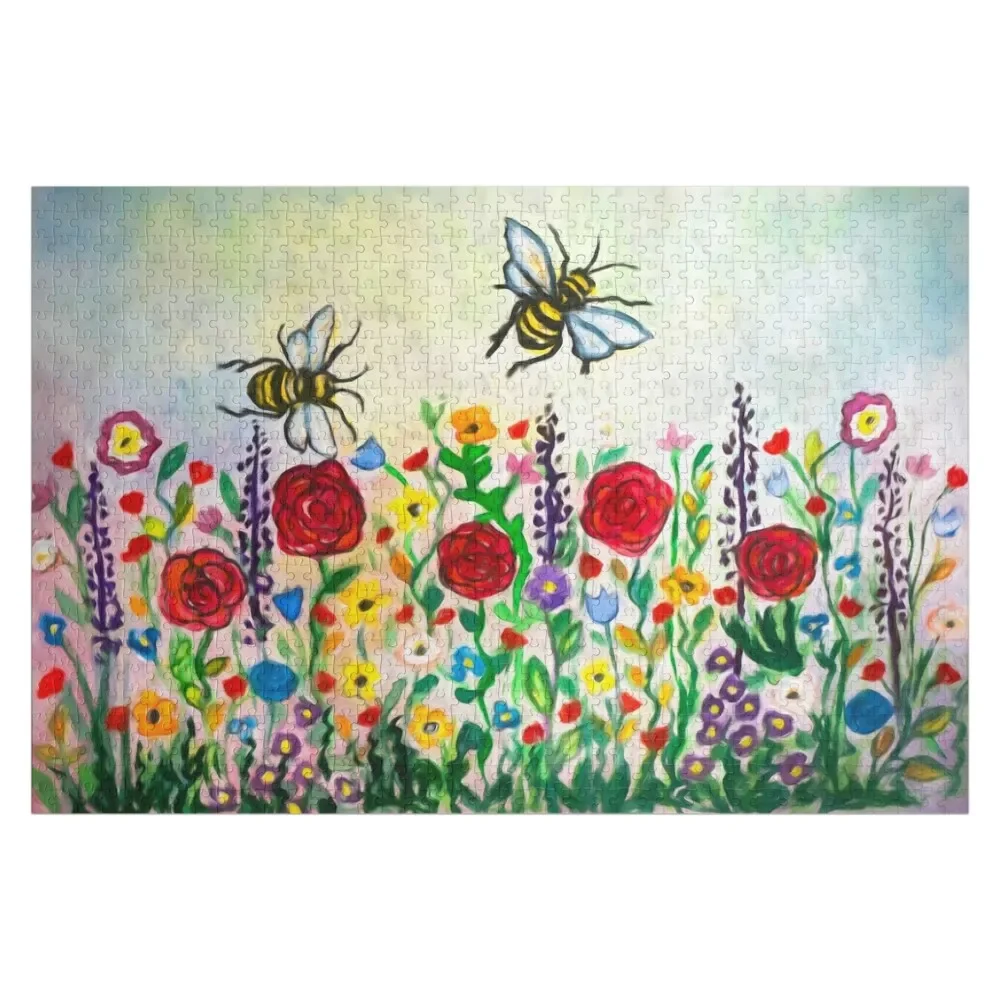 

Summer meadow flowers and bees watercolor Jigsaw Puzzle Custom Wooden Name With Personalized Photo Puzzle