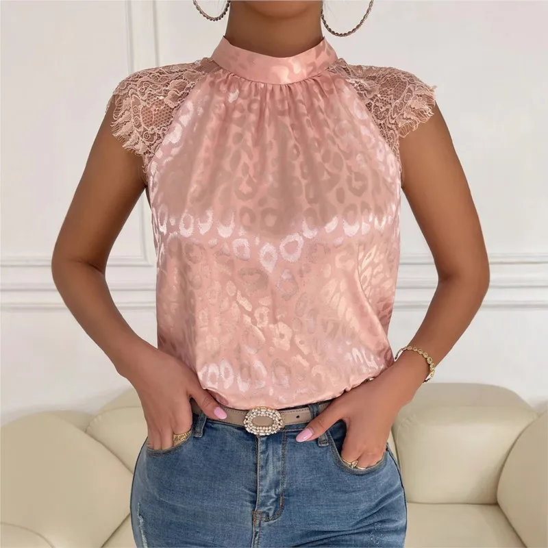 2026 気質シャツブラウス女性のための Blusas トップス婦人服カジュアルスリムレースパッチワークヒョウ柄ハーフハイカラー