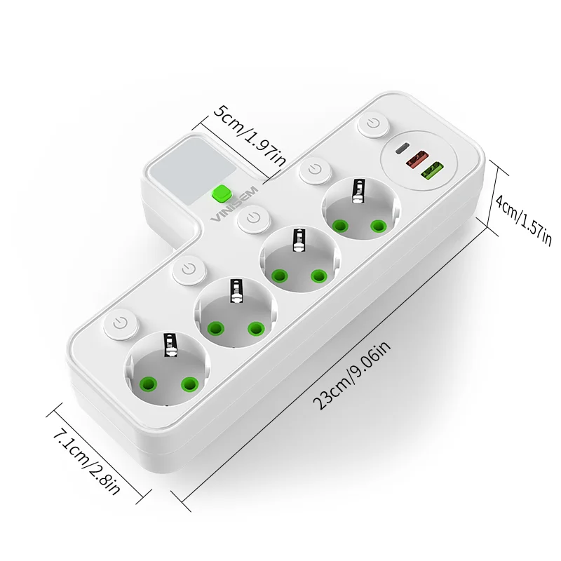 2026 EU Plug Power Strip with Switch & Night Light, 4 AC Outlets + 2 USB + 1 Type-C Port, Household Power Distribution Socket