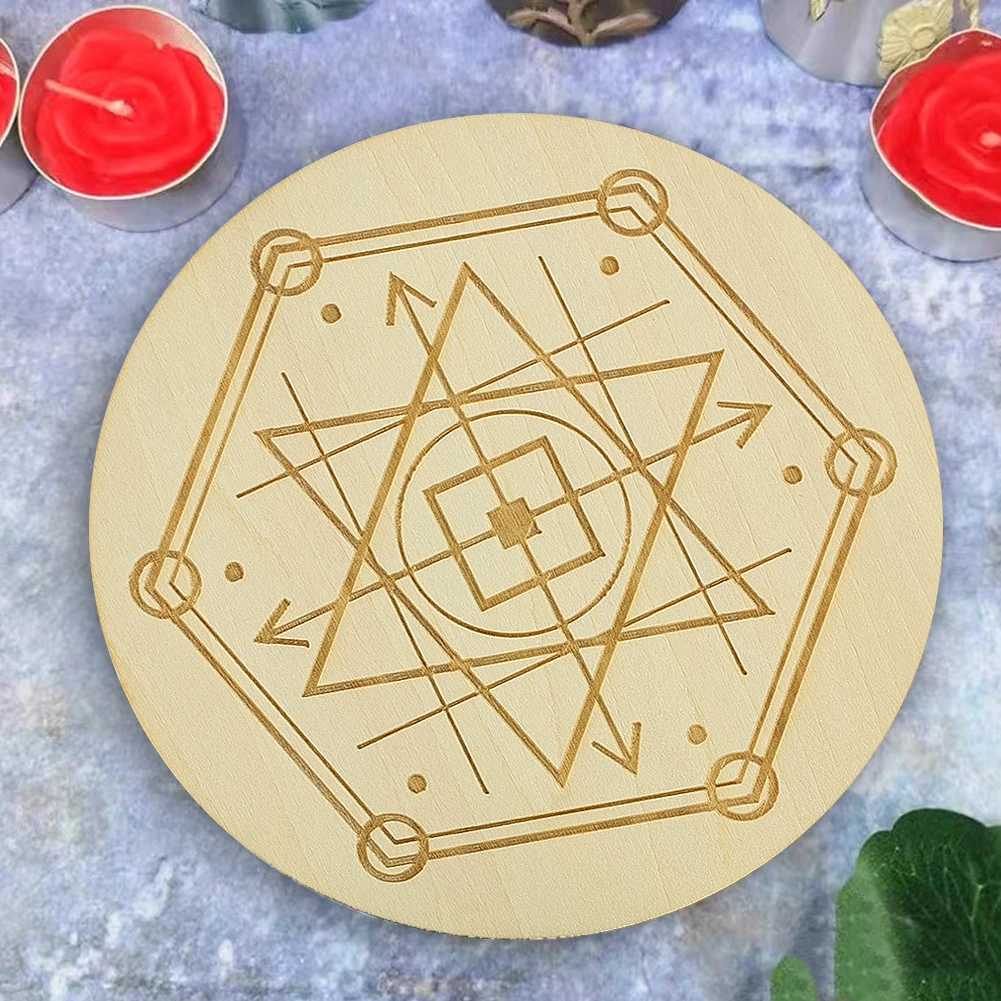 11cm Wood Hexagram Coaster Crystal Display Base Yoga Meditation Mat Divination Plate Energy Carving Board Wiccan Ritual Supplies