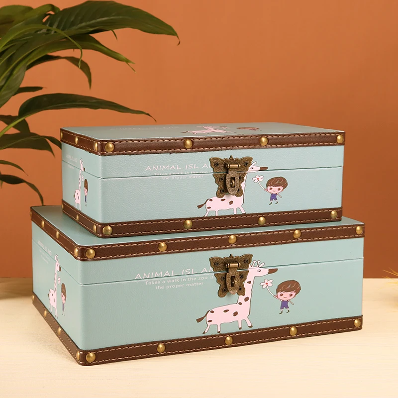 Cute creative desktop storage box with lock cosmetics jewelry box rectangular anti-theft wooden box cartoon storage key safe