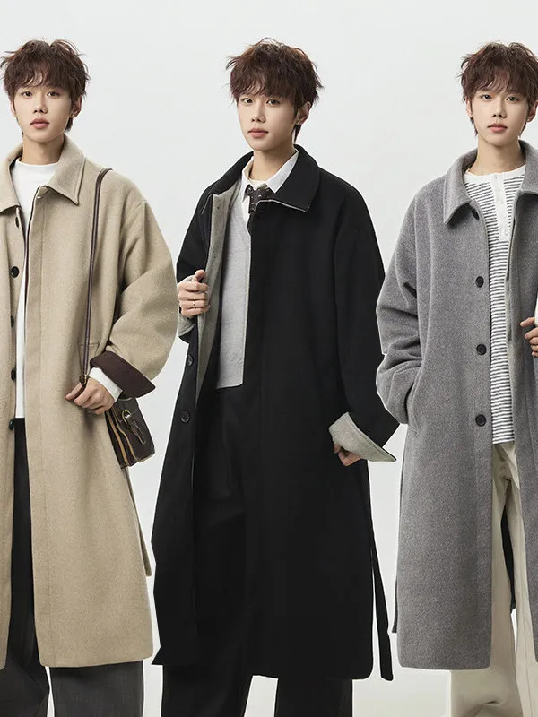 

TANGZ STUDIO Double-Faced Woolen Coat Men's Korean Sle Mid-Length Stand Collar Warm Outerwear Windbreaker Casual Winter Jaet