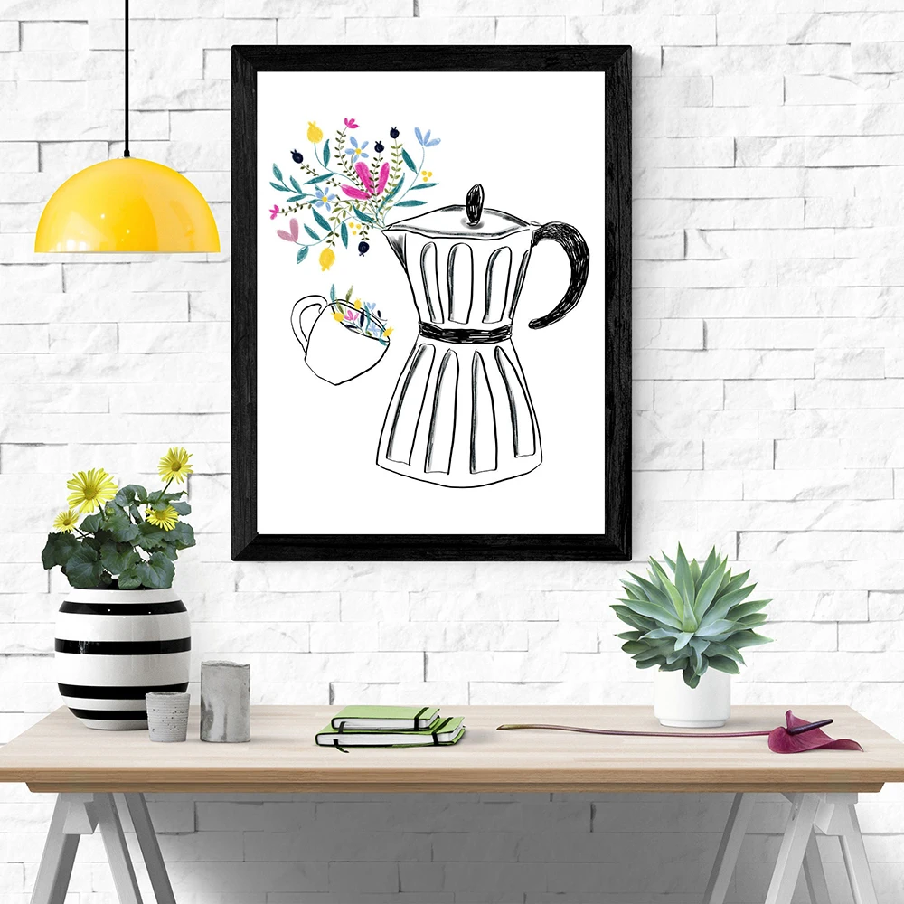 Funny Coffee Machine Cups Floral Wall Art Prints Poster Coffee Flowers Trendy Canvas Painting Pictures for Home Kitchen Decor