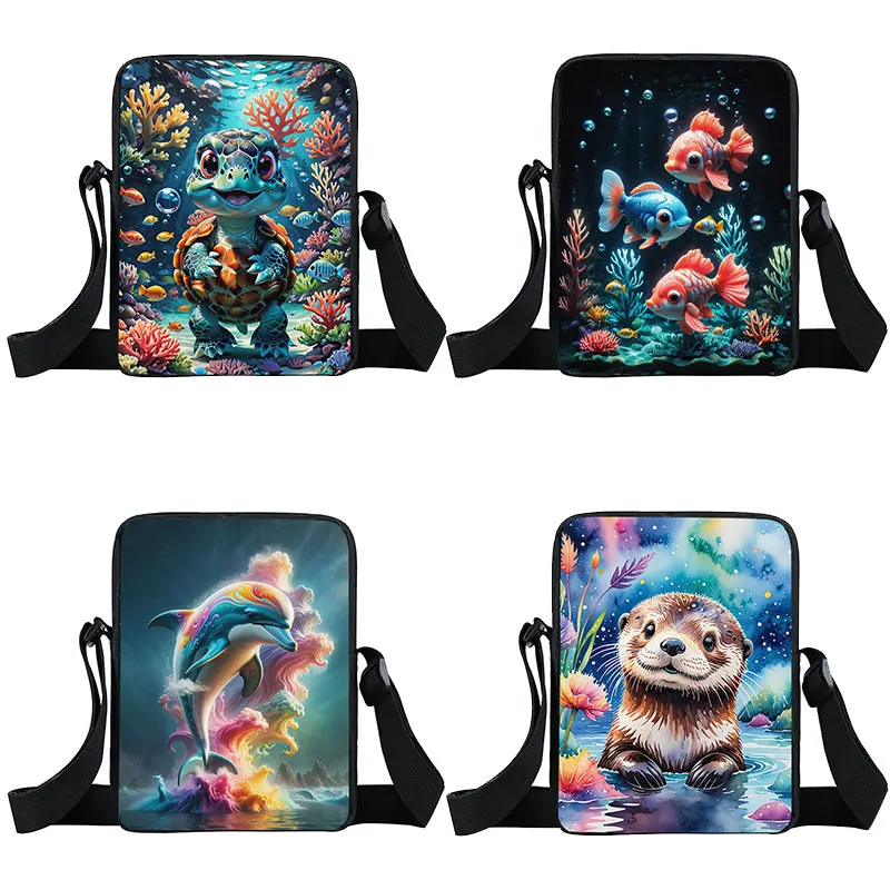 Watercolor Animal Turtle dolphin otter Print Crossbody Bag marine organism Women Handbags Key Money Phone Holder Messenger Bag