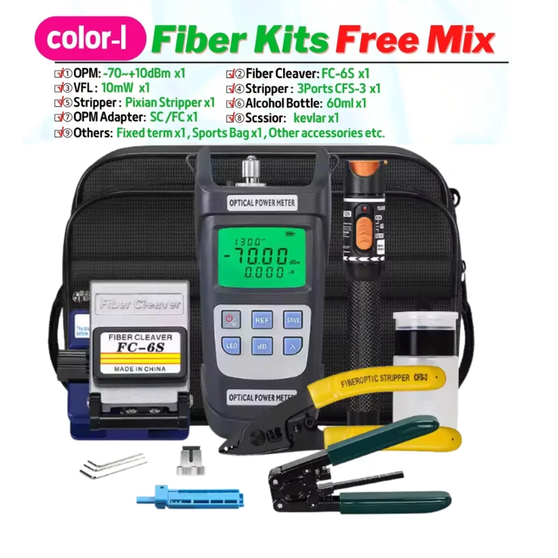 19pcs/set FTTH Fiber Optic Tool Kit with AUA-6S Fiber Cleaver -70~+10dBm Optical Power Meter 10mw VFL Komshine Cleaver FC-6S