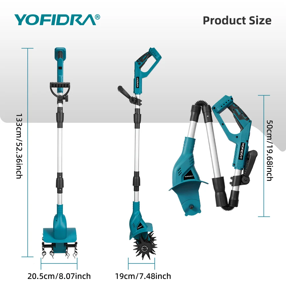 YOFIDRA Elektrische Gartenfräse, Kultivator, Vertikutierer, faltbare Bodenfräse, Bodenlockerer, Gartenwerkzeug für Makita 21V Akku – Detail 7