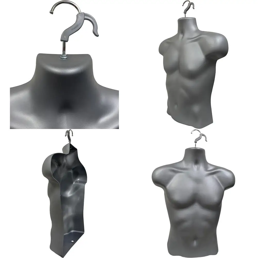 

Набор из 4 серых мужских манекенов для одежды размеров S-M, с полой спинкой, крючками для подвешивания и возможностью размещения на прилавке