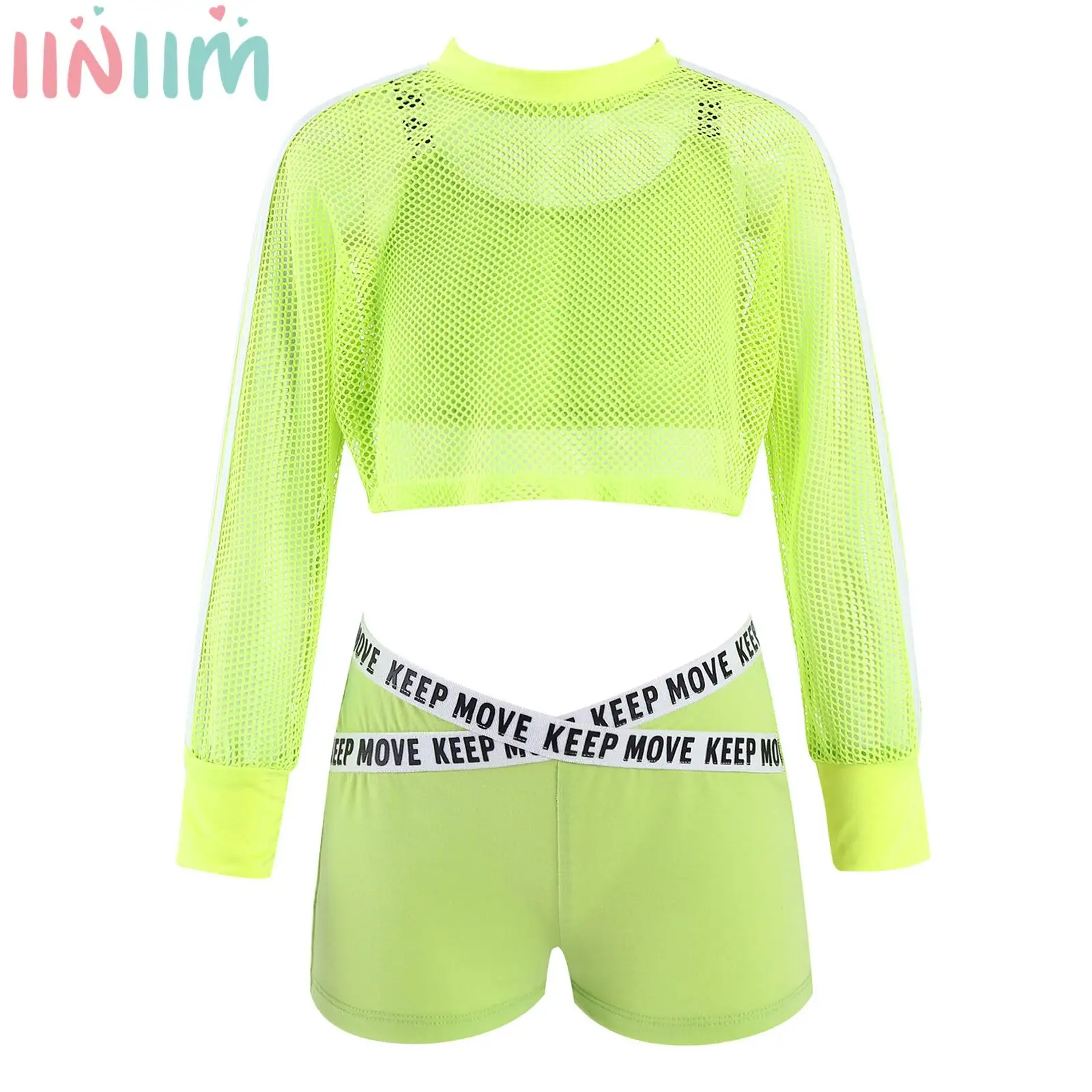 Kids Girls Sports Outfits Workout Street Dance Costume Long Sleeve Mesh Shirt Athletic Crop Top Shorts Tracksuit Sets Dancewear