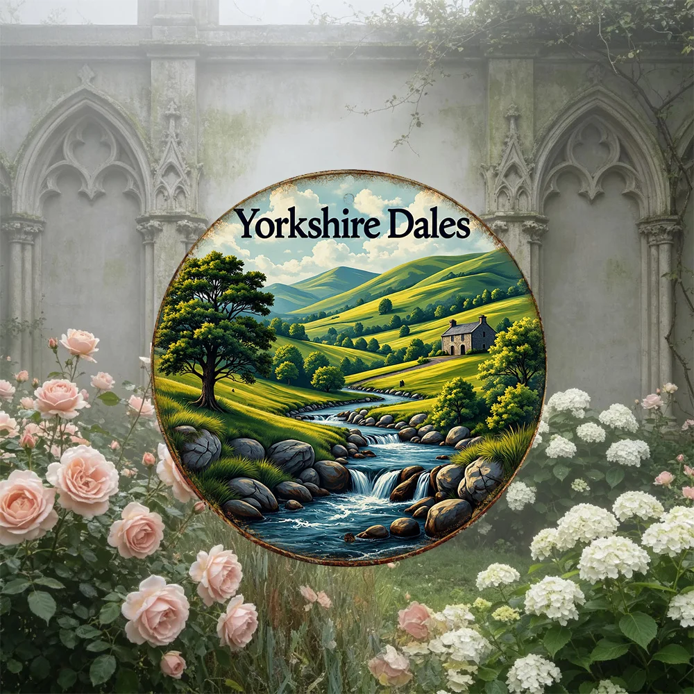 2D Flat 1pc Yorkshires Valley Landscape Pattern Metal Aluminum Skin Sign Round Decorative Painting, Size (7.87In X 7.87In / 20Cm