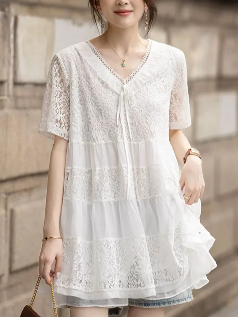 

plus Size 300 Pounds Women's V-neck Lace Shirt Short Sleeve Summer Top Breathable Comfortable Korean Style Loose Fit Blouse
