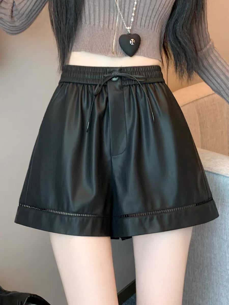 키 작은 여성용 하이웨이스트 PU 레더 숏팬츠, 신축성 있는 A라인 와이드 레그 부티 숏팬츠 (2025년 가을/겨울)