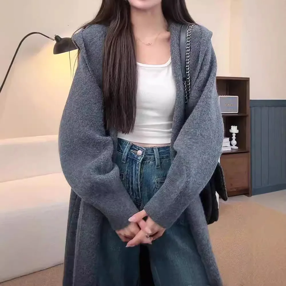 

Simple Classic Hooded Knitted Cardigan Women Casual Solid Knee Length Oversized Cardigan Autumn 2025 New Lady Clothes
