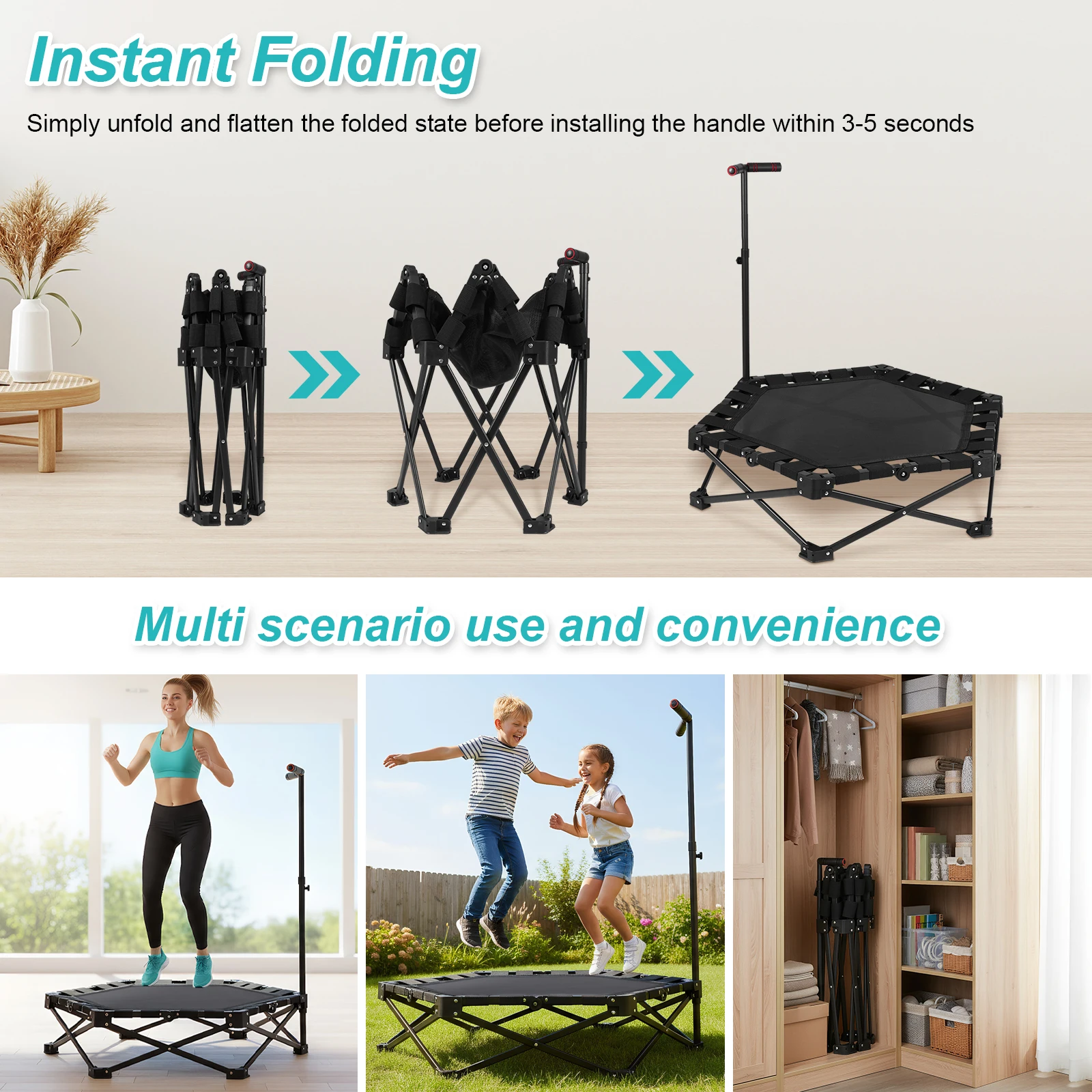 

Складной мини-батут: быстрое складывание и раскладывание, для дома, до 225 кг, для тренировок в помещении и на улице