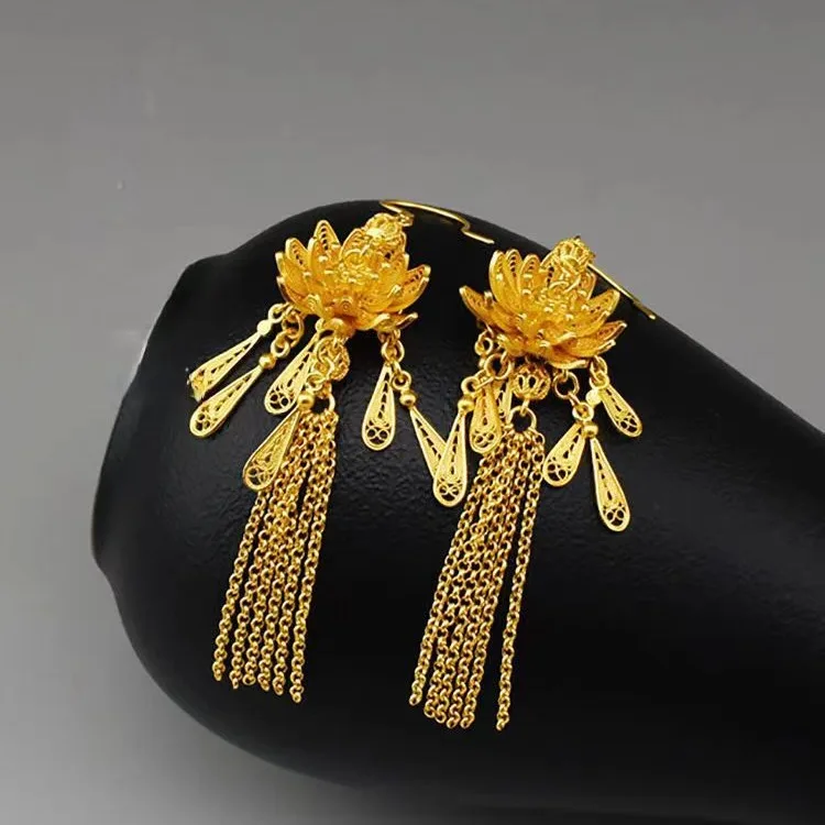 

Women's Lotus Long Tassel Earrings, 24K Gold, AU999 | Solid gold lotus with bead tassels, "Purity" engraving on petals.