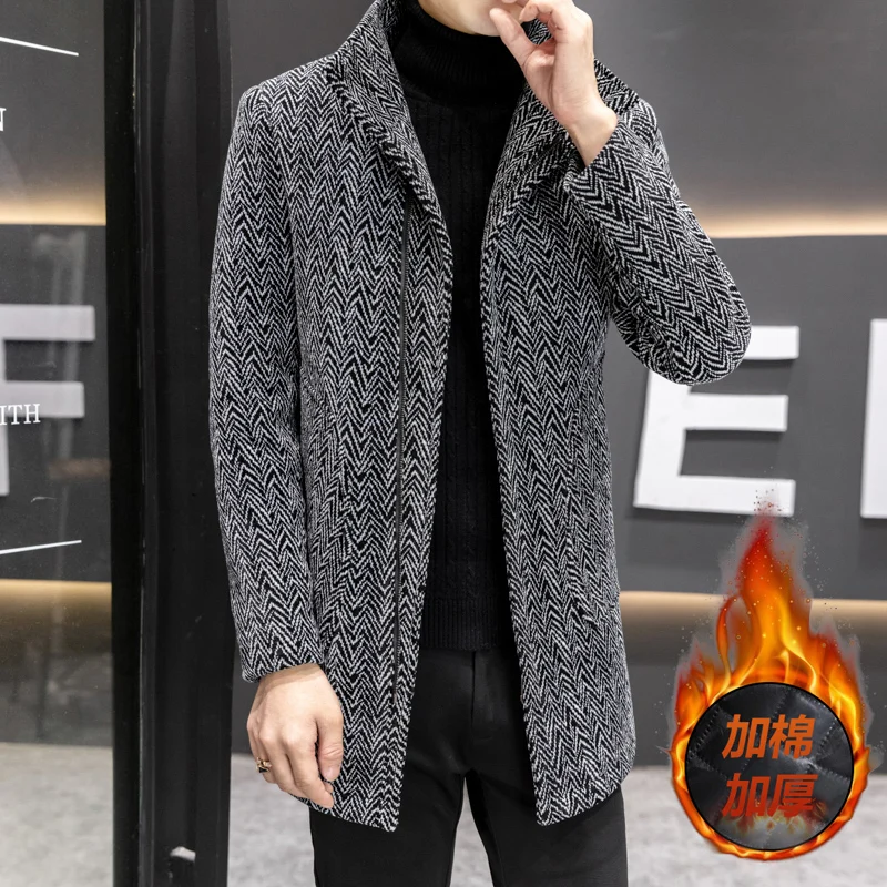 Koreańskie wełniane kurtki średniej długości Mężczyźni Wszechstronny Casual Business Trencz Slim Gruby Ciepły Streetwear Wiatrówka Płaszcz — zdjęcie 4