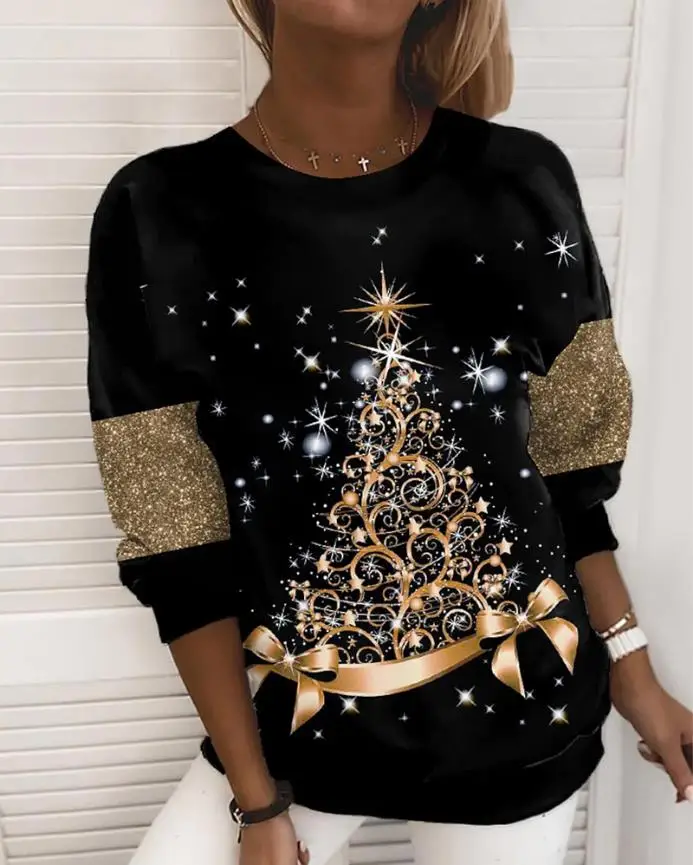 

Y2K Fashion Women Sweaters 2023 Autumn/winter New Casual Versatile Round Neck Christmas Tree Star Print Long Sleeve Sweatshirt