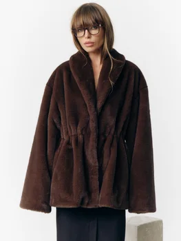 Mixed Color Faux Fur Long Coat 2 Fashion Mixed Color Lapel Collar Woman Long Coat Elegant Full Sleeve Loose Overcoat New Winter Lady High Street Faux Fur Jacket 2