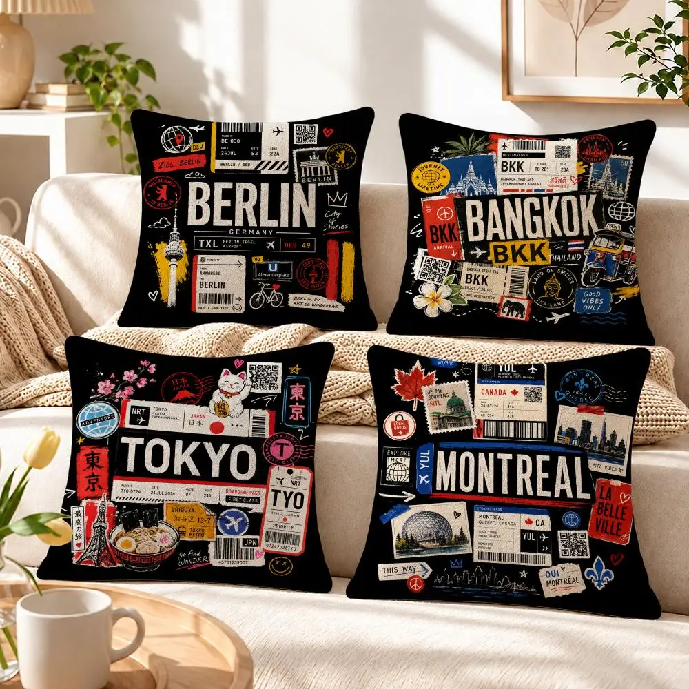 Art Vintage Air Ticket & Landmark Decor Cushion Cover Soft Short‑Plush Pillowcase, Decor for Sofa & Bedroom, Perfect Holiday Gif