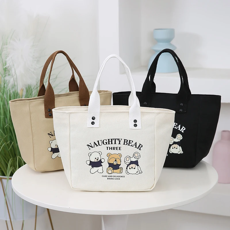 Classic Canvas Lunch Bag Cartoon Bear Picnic Tote Bag Large Capacity Handbag Cute Commuter Bento Lunch Box Storage