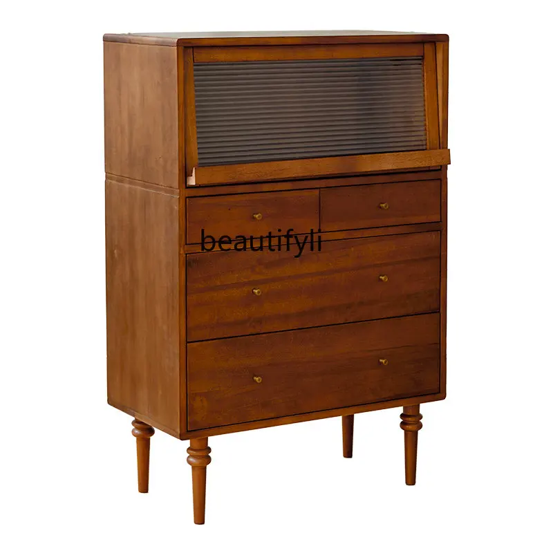 

Retro Style Solid Wood Chest of Drawers Changhong Glass Side Cabinet Boxwood Designer Furniture Locker drawer furniture