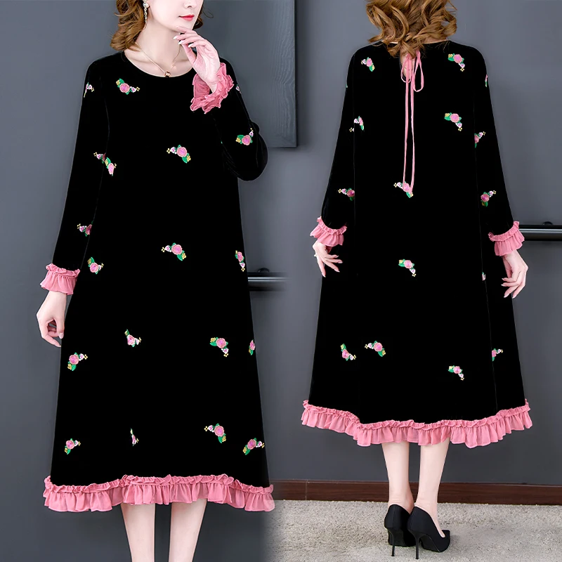 Women Autumn & Winter Elegant Velvet Dress Festa High Quality Long Cocktail Party Robe Embroidery Designer Loose Vestidos