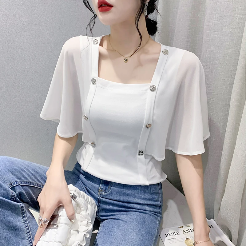 2023 New Summer Korean Clothes Cotton T-Shirt Chic Sexy Patchwork Button Ruffles Women Tops Half Sleeve Loose Casual Tees 34176