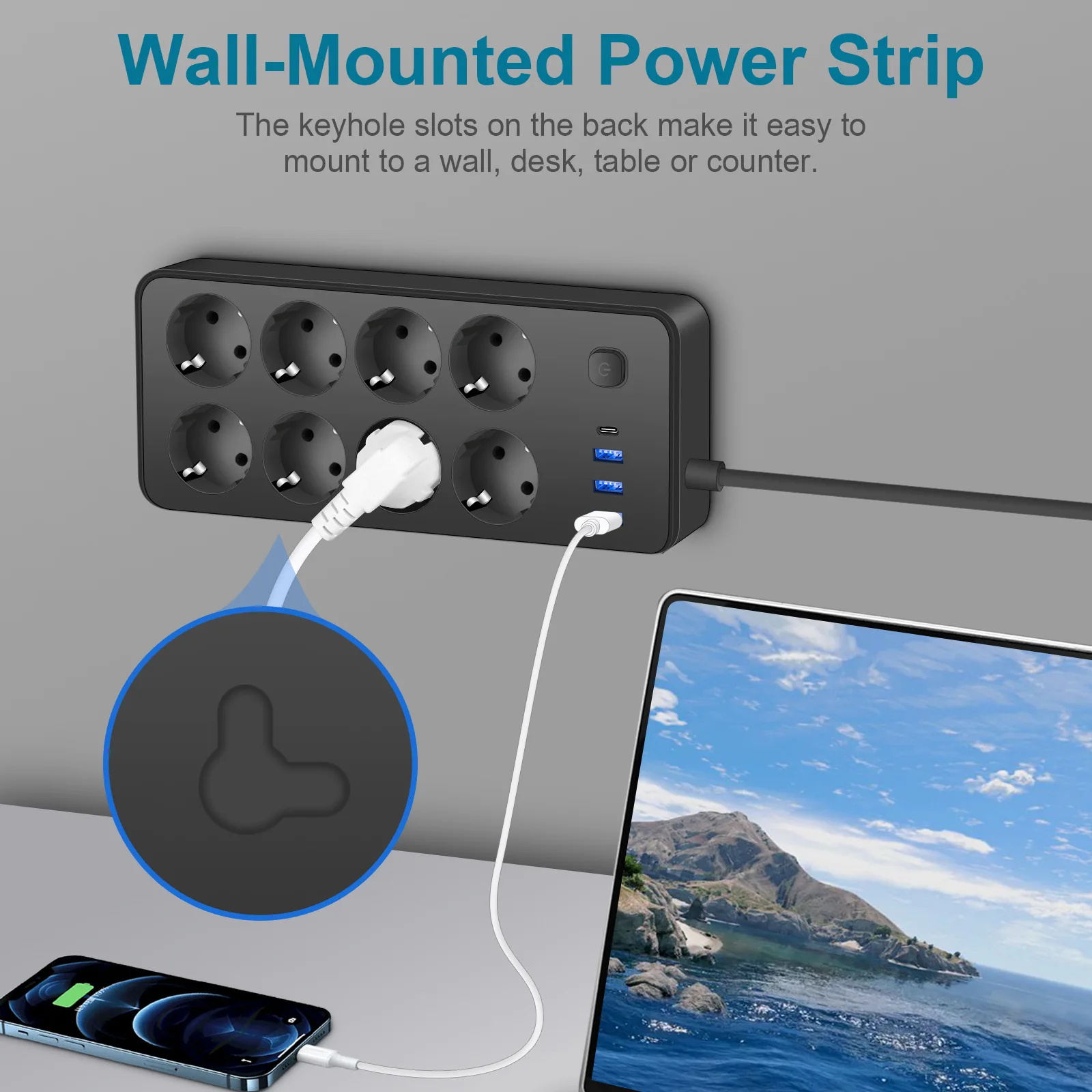 EU Plug Power Strip with 3 USB Ports Extension Cord Socket Network Filter 8 AC Outlet 2000W Electrical Charge Adapter