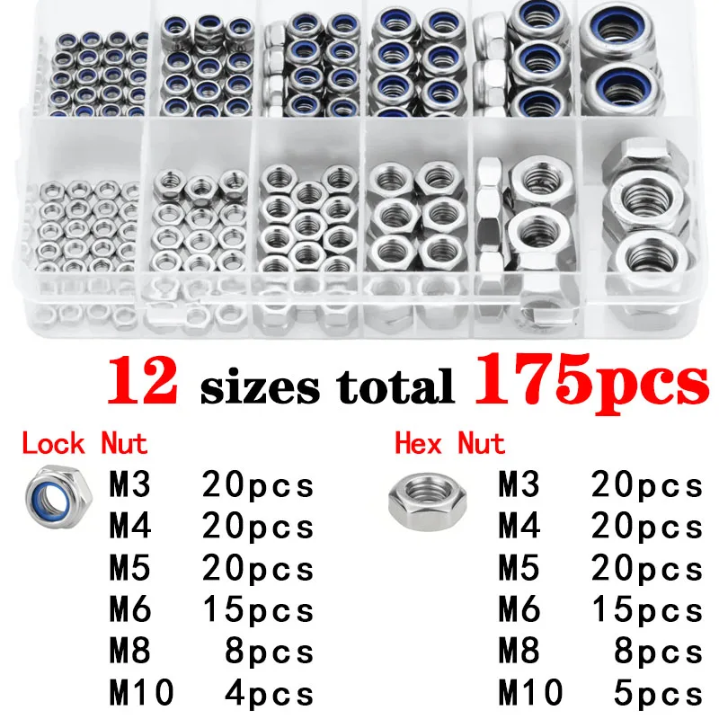 Locknuts & Hex Nuts Assortment Kit M3 M4 M5 M6 M8 M10 Stainless Steel 175pcs Assorted Metric Nylon Insert Lock & Hex Nut Set