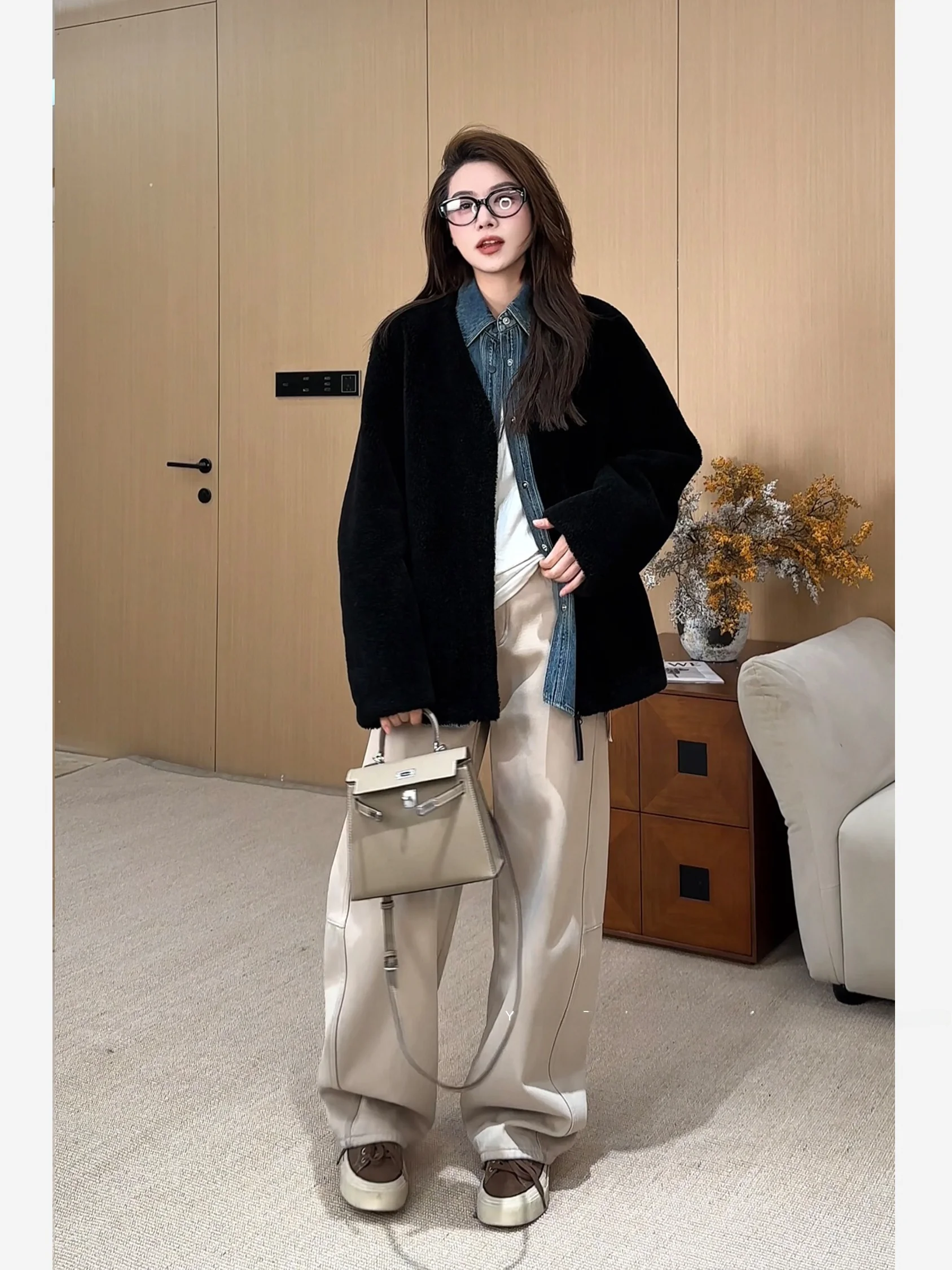 

Женское пальто Moon Doesnt Eat Fi f Floing Mist: новый дизайн, теплая куртка на молнии с V-образным вырезом, из искусственного меха, приталенного кроя, повседневное