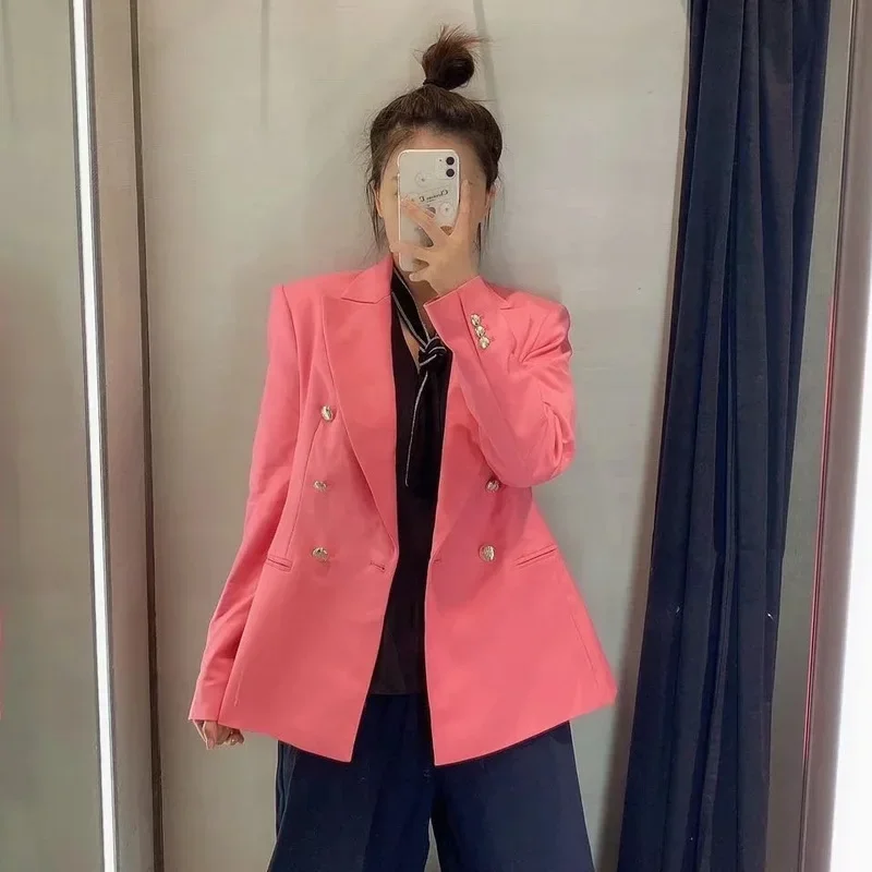 

Rose Red Metal Button Blazer Women Solid Colors Double Breasted Casual Office Blazer 2021 Fashion Work Wear Chic Formal Clothing