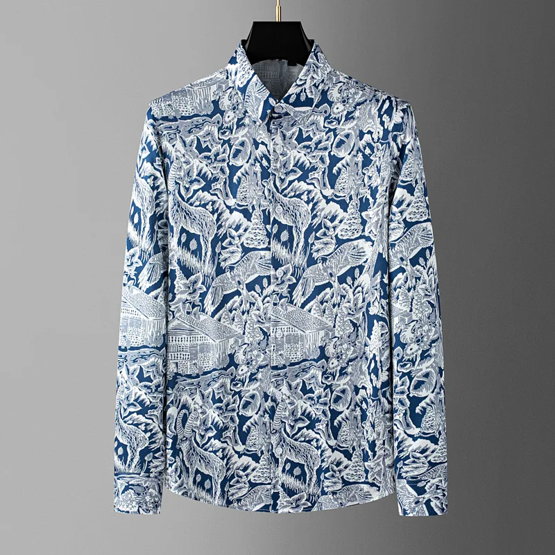 

Роскошная мужская рубашка с художественным принтом животных, осенние повседневные рубашки с длинными рукавами, уличная рубашка для социального банкета, выступления на сцене, 2025 г.