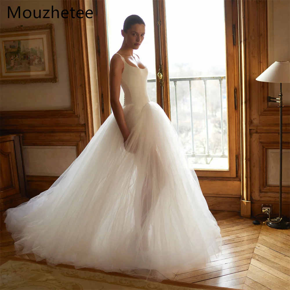 

Mouzhetee A-Line Elegant Spaghetti Strap Long Tulle Sleeveless Wedding Dresses Princess Satin Brides Gown Custom Made 2025