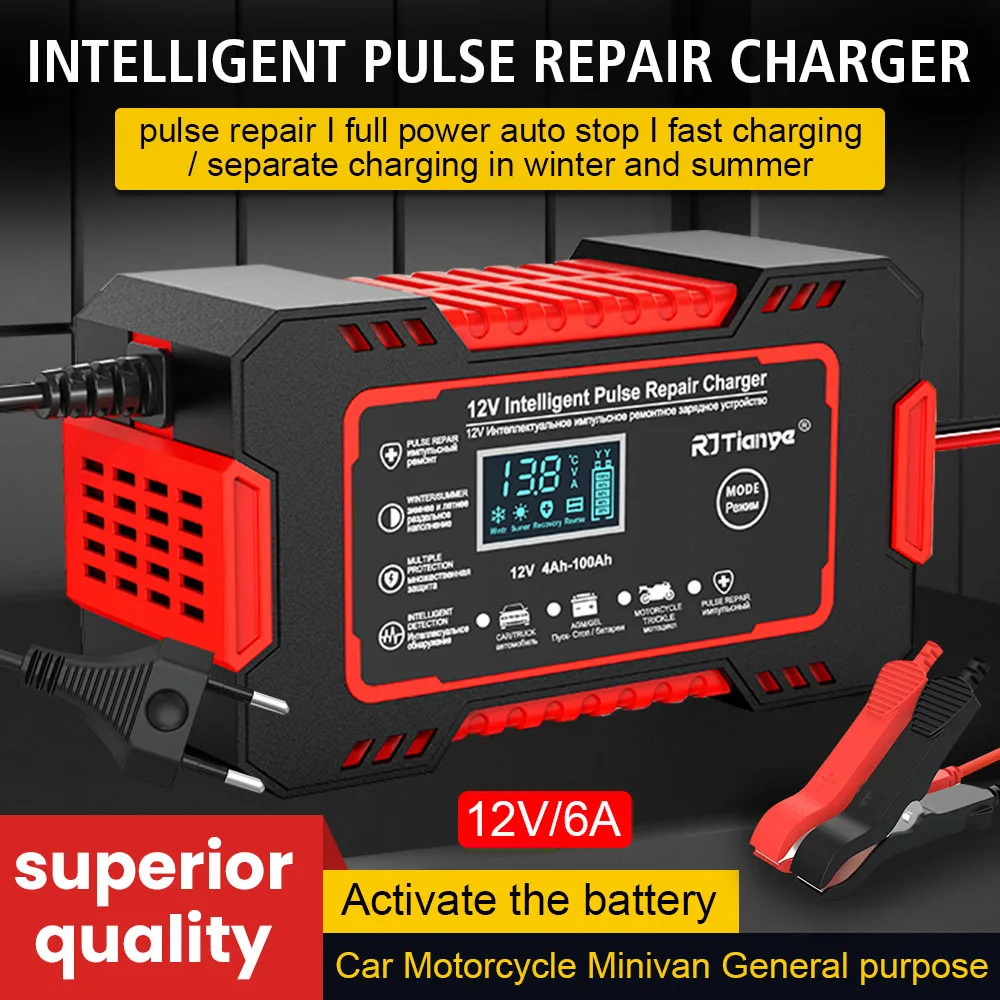 

Зарядные устройства для автомобильных аккумуляторов 6A 12 В 80 Вт, цифровые интеллектуальные импульсные ремонтные аккумуляторы для хранения свинцово-кислотных аккумуляторов, зарядные устройства для лодок, мотоциклов