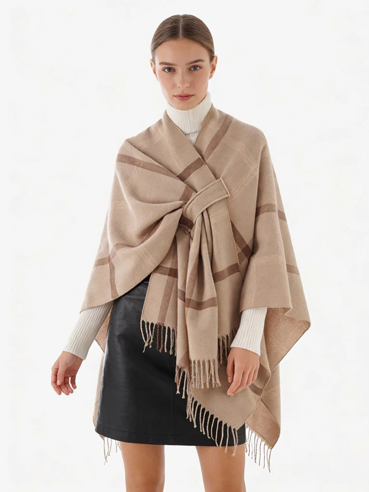 

Женский элегантный осенне-зимний шарф-накидка в винтажную клетку с бахромой, повседневный теплый шарф-шаль, мягкий и удобный плащ-накидка для женщин