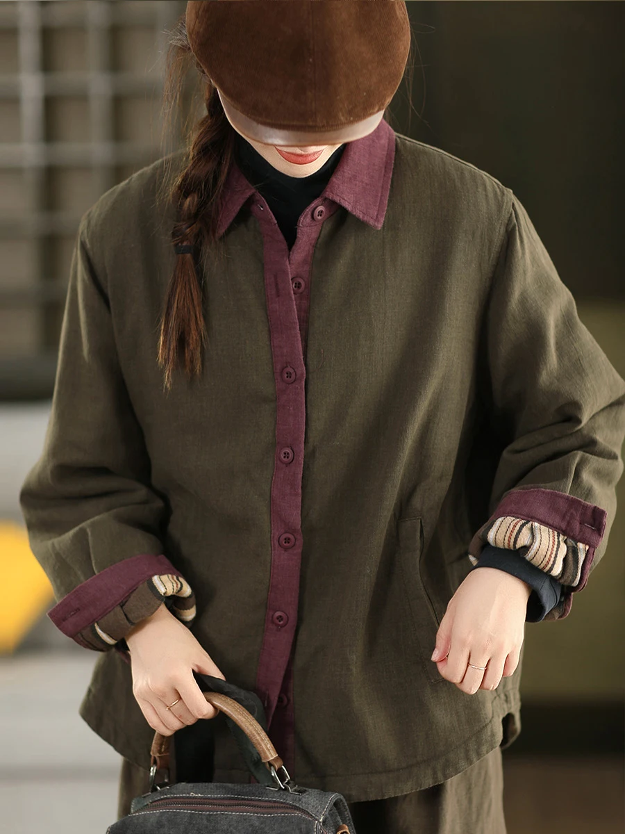 

Thiened Linen Cotton Jaet Women's Warmth Inner Plaid Silk Winter Coat Retro Color Blo Sli Outerwear by Garden Beau