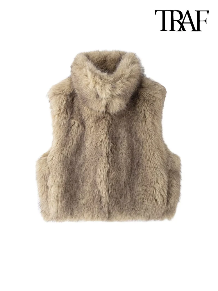 TRAF-Women's Thick Warm Faux Fur Waistcoat, Sleeveless, Lapel Collar, Front Hook, Female Outerwear, Chic Vest Tops, Fashion