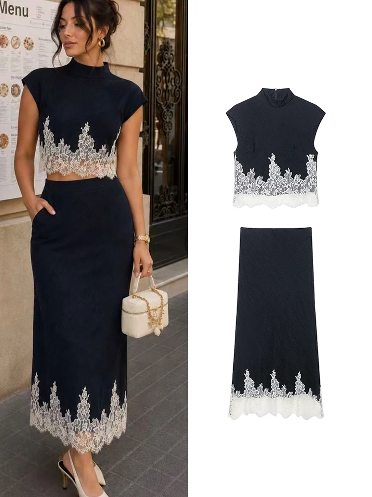 TFMLN 2026 Women's Skirt 2-Piece Set Lace Spliced Sleeveless Stand Collar Top + Slim A-Line Midi Skirt Elegant Ladies Suit