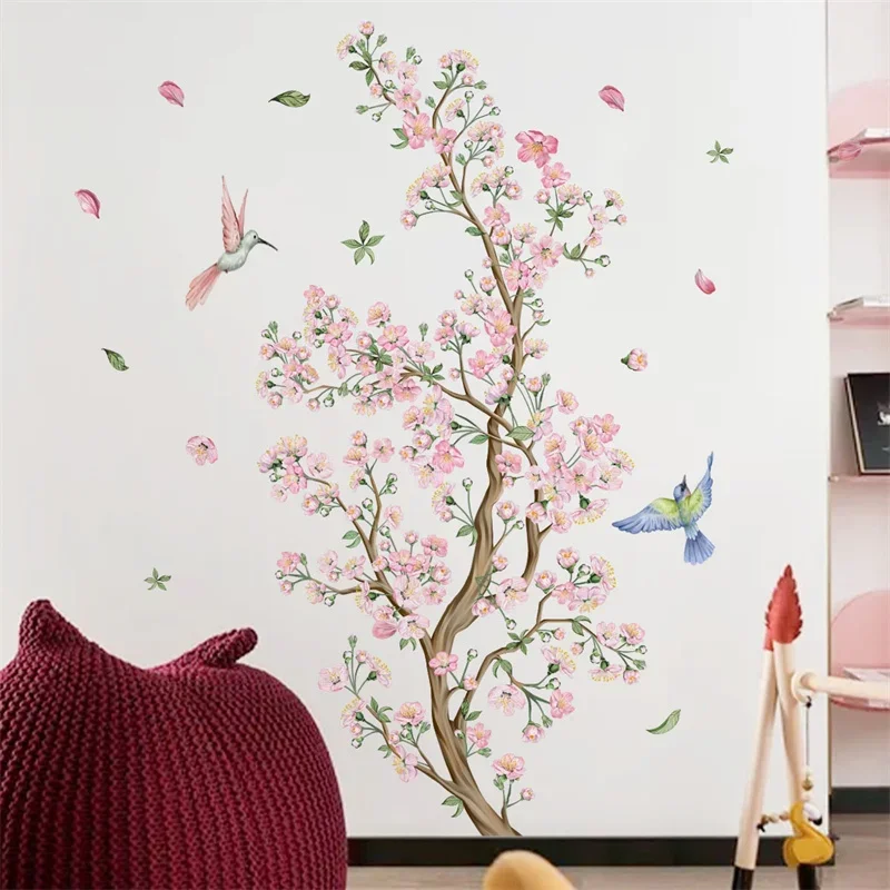 2Pcs Pink Peach Blossom Birds Wall Stickers PVC Self-adhesive Bedroom Living Room Decor Art Decal Wallpaper DIY Home Decoration