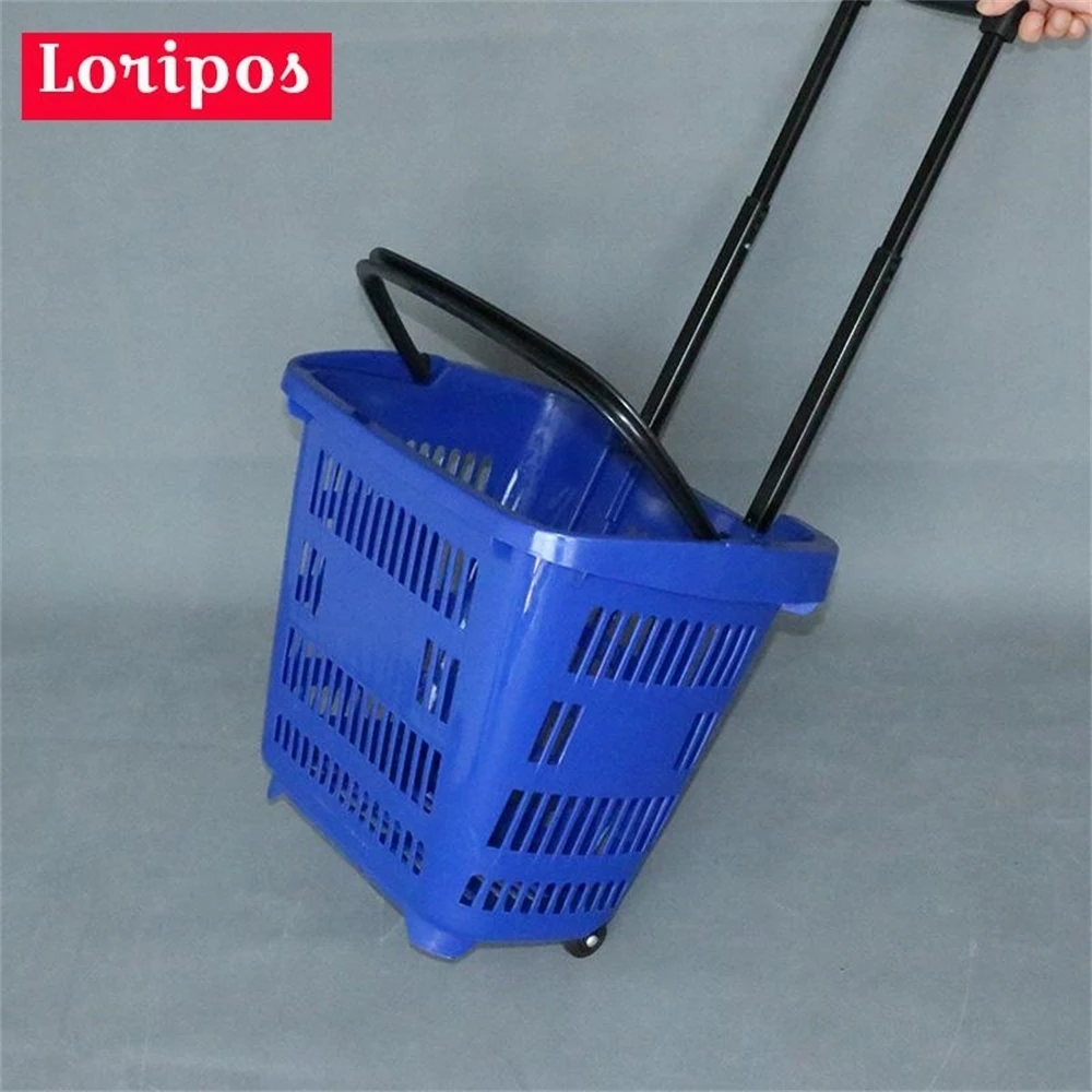 Plastic Shopping Basket With Handles Wheel Supermarket Shopping Cart Convenience Store Shopping Cart Store Storage Fixture