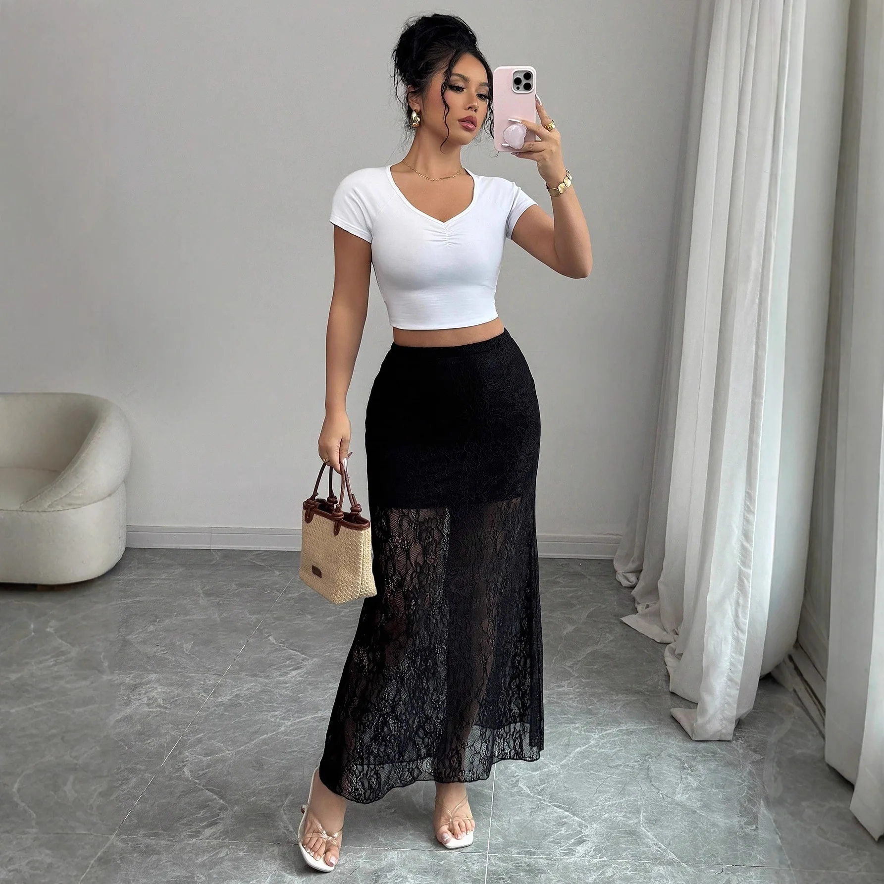 

Elegant Commute Style Long Skirt Fish Tail Design Blend Slimming Effect High Waist Lace Wrap around Skirt