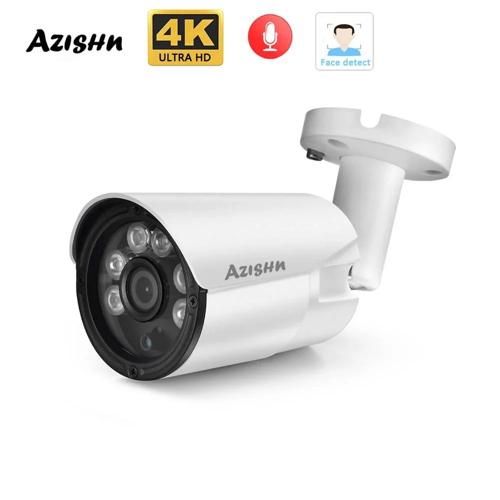 AZISHN Ultra HD 8MP 4K IP Camera Audio POE H.265+ Metal Outdoor Face Detection Bullet CCTV Video Surveillance Camera 5MP 4MP