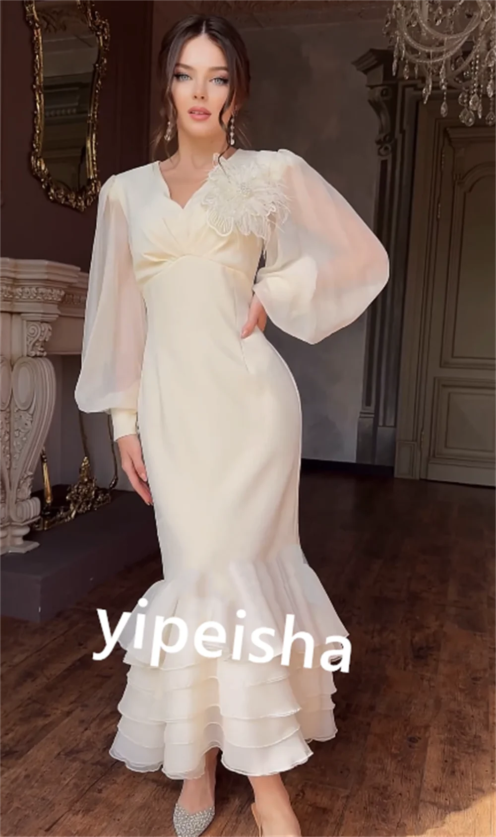 Robe de Fiançailles en Mousseline de Soie Plissée, Sirène, Col en V, sur Mesure, pour Occasions, Mi-Longue