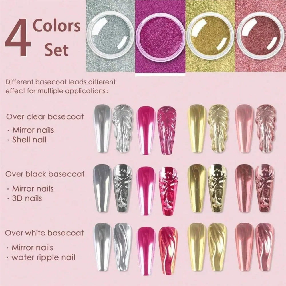 4색/팩 미러 메탈릭 크롬 파우더 매직 미러 반사 글리터 네일 파우더 매니큐어 젤 폴리쉬 크롬 피그먼트 더스트