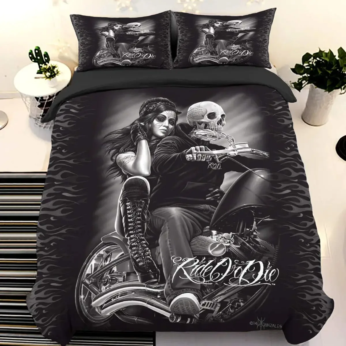 

Skull Duvet Cover Set Queen,3D Printed Black Skull Bedding Set ,Halloween Decor Motorcycle Comforter Cover Set Microfibe Quilt