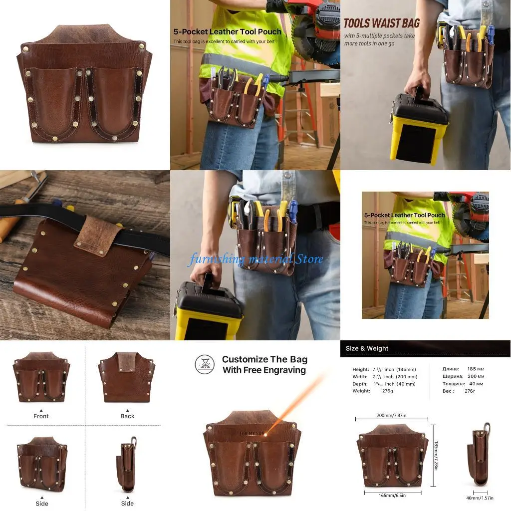 

Y5GD Tool Bag Case for Hammer Carpentry Multiple Pocket Tool Belt PU Leather Bag