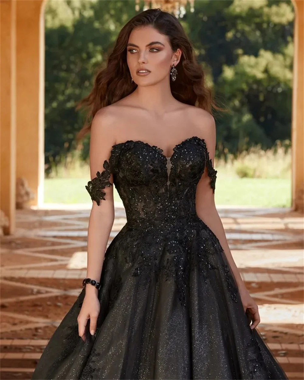 Kyoto Black Off The Shoulder Heart Collar Wedding Dress Lace Appliques vestidos de novia A-line Customized Evening Dresses 2025