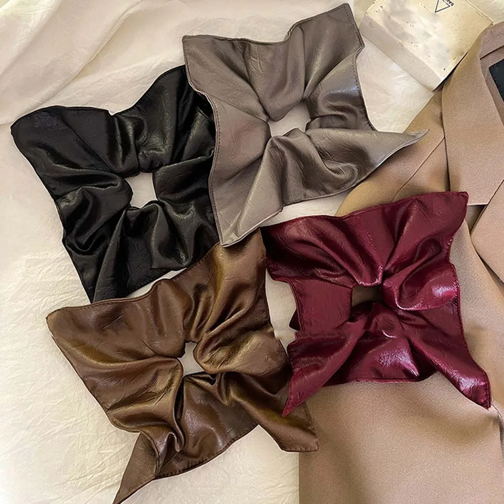 Korean Style Square Leather Hair Tie Elastic Solid Color Large Intestine Hair Ring Pleated Sweet Soft PU Scrunchies Friends