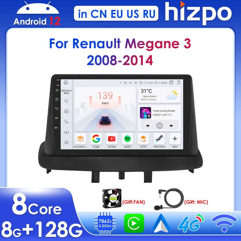 

Автомагнитола HIZPO Carplay для Renault Megane 3 2008-2014, мультимедийный плеер на Android 12, Восьмиядерный процессор, 2 Din, GPS-навигация, стерео, BT, RDS