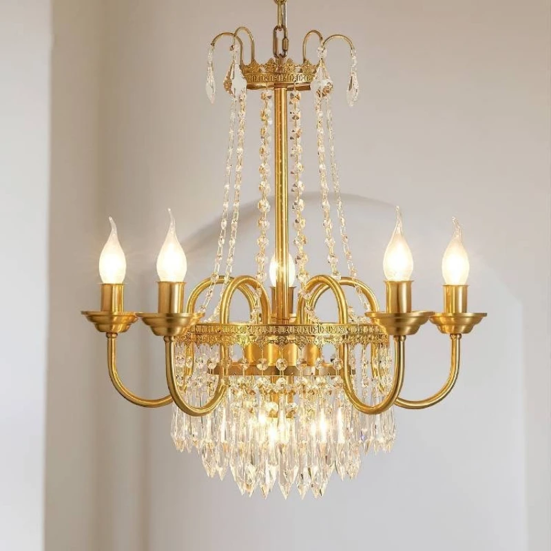 French Retro Copper Crystal Style Small Chandelier Bedroom Bedside Hanging Lamp Aisle Porch Cloakroom Corridor Pendent Lighting