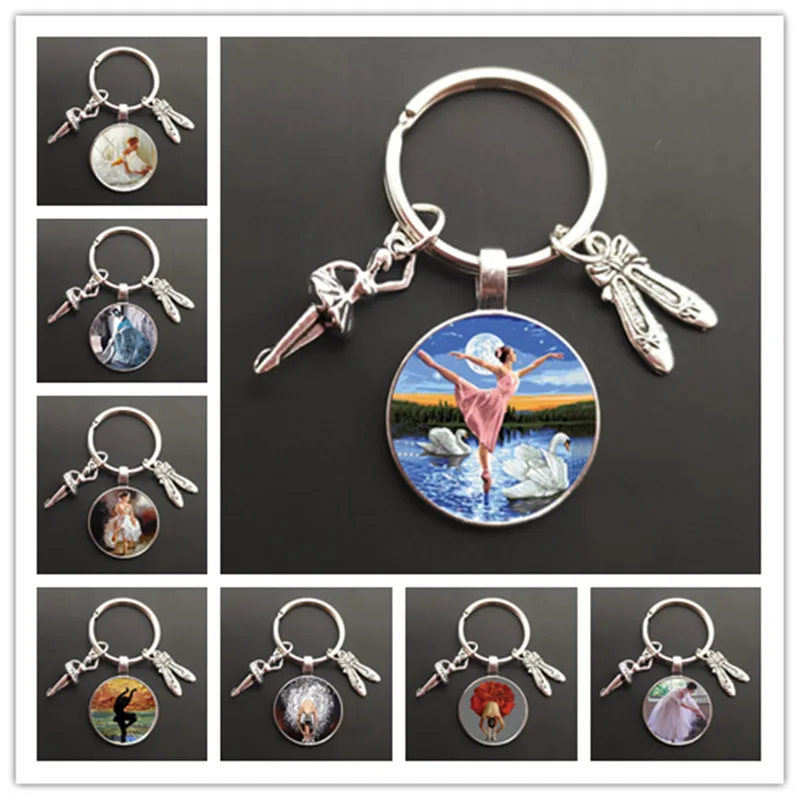 Dancing Girl Ballet gymnastics actions Round glass cabochon keychain Bag Car key chain Ring Holder Charms keychains for gift